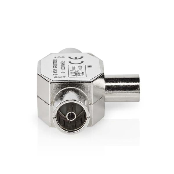 Satellit & Antenne adapter | IEC (Coax) Han | 2x Coax Hun | Nikkelplateret | 75 Ohm | T-Splitter | Metal | Sølv | 1 stk. | Box