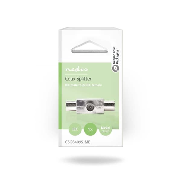 Satellit & Antenne adapter | IEC (Coax) Han | 2x Coax Hun | Nikkelplateret | 75 Ohm | T-Splitter | Metal | Sølv | 1 stk. | Box