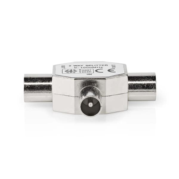 Satellit & Antenne adapter | IEC (Coax) Han | 2x Coax Hun | Nikkelplateret | 75 Ohm | T-Splitter | Metal | Sølv | 1 stk. | Box