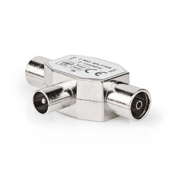 Satellit & Antenne adapter | IEC (Coax) Han | 2x Coax Hun | Nikkelplateret | 75 Ohm | T-Splitter | Metal | Sølv | 1 stk. | Box