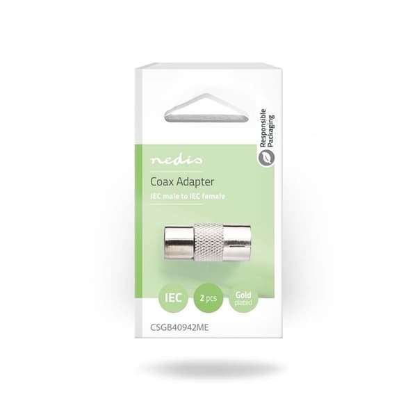 Satellite & Antenne Adapter | IEC (Coax) Han | IEC (Coax) Hun | Nikkel belagt | 75 Ohm | Rett | Metall | Sølv | 1 stk. | Blister
