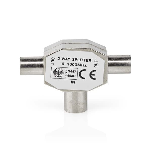 Satelliitti- ja antenni-sovitin | 2x koaksiaali uros | IEC (Coax) Naaras | Niklattu | 75 Ohm | T-jakaja | Metalli | Hopea | 1 kpl | Laatikko