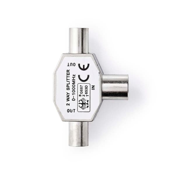 Satelliitti- ja antenni-sovitin | 2x koaksiaali uros | IEC (Coax) Naaras | Niklattu | 75 Ohm | T-jakaja | Metalli | Hopea | 1 kpl | Laatikko