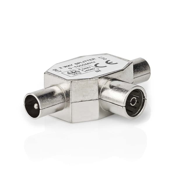 Satelliitti- ja antenni-sovitin | 2x koaksiaali uros | IEC (Coax) Naaras | Niklattu | 75 Ohm | T-jakaja | Metalli | Hopea | 1 kpl | Laatikko