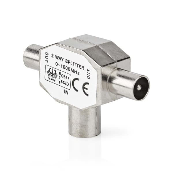 Satelliitti- ja antenni-sovitin | 2x koaksiaali uros | IEC (Coax) Naaras | Niklattu | 75 Ohm | T-jakaja | Metalli | Hopea | 1 kpl | Laatikko