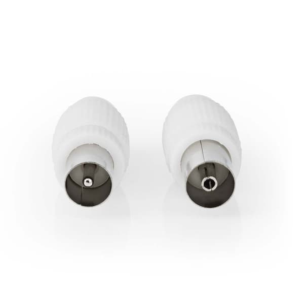 IEC (coax) | Rak | Hane / Hona | Nickelplaterad | 75 Ohm | Skruva | Kabel input diameter: 7.0 mm | Metall / PVC | Vit | 2 st. | Låda