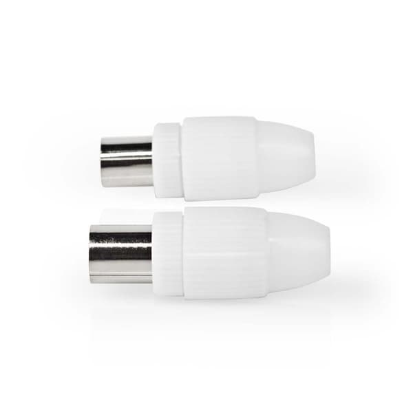 IEC (coax) | Rak | Hane / Hona | Nickelplaterad | 75 Ohm | Skruva | Kabel input diameter: 7.0 mm | Metall / PVC | Vit | 2 st. | Låda