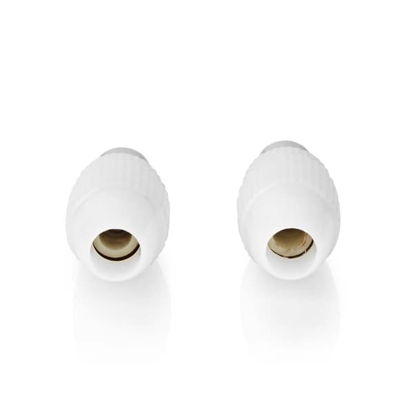 IEC (coax) | Rak | Hane / Hona | Nickelplaterad | 75 Ohm | Skruva | Kabel input diameter: 7.0 mm | Metall / PVC | Vit | 2 st. | Låda