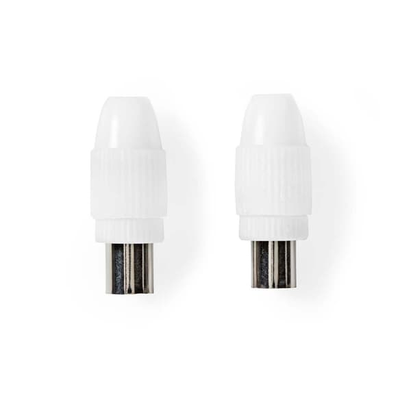 IEC (coax) | Rak | Hane / Hona | Nickelplaterad | 75 Ohm | Skruva | Kabel input diameter: 7.0 mm | Metall / PVC | Vit | 2 st. | Låda