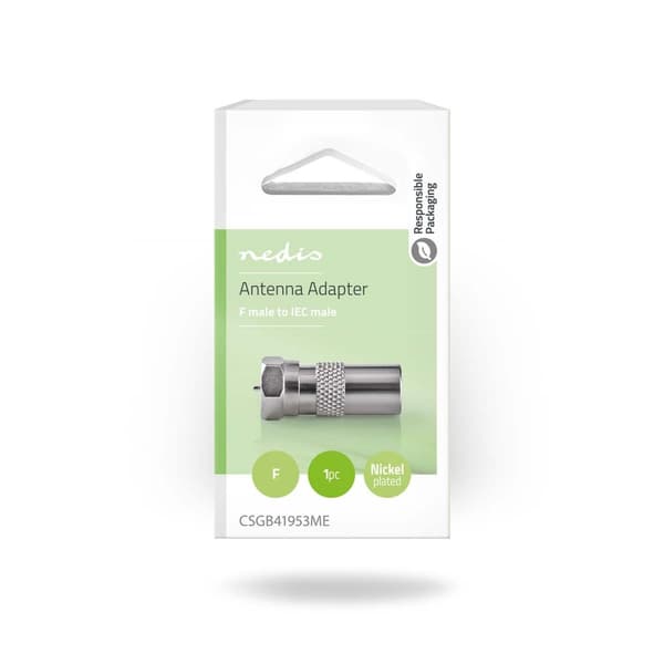 Satellite & Antenne Adapter | F Han | IEC (Coax) Han | Nikkel belagt | 75 Ohm | Rett | Metall | Sølv | 1 stk. | Boks