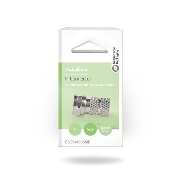 F-Connector | Lige | Han | Nikkelplateret | 75 Ohm | Slå til | Kabeldiameter: 7.0 mm | Zinc Alloy | Sølv | 5 stk. | Box