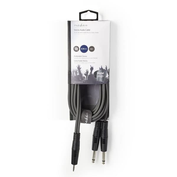 Stereo Audio kabel | 2x 6.35 mm Hanstik | 3.5 mm Hanstik | Nikkelplateret | 3.00 m | Runde | Mørkegrå | Kartonhylster