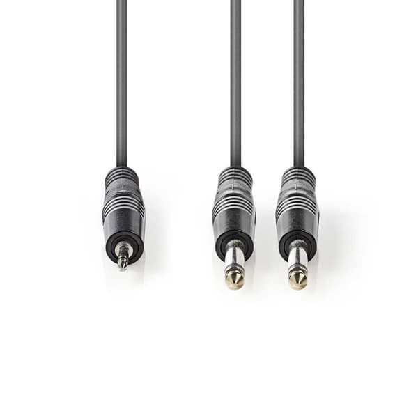 Stereo Audio kabel | 2x 6.35 mm Hanstik | 3.5 mm Hanstik | Nikkelplateret | 3.00 m | Runde | Mørkegrå | Kartonhylster