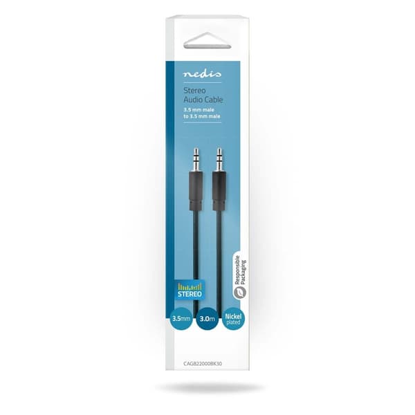 Stereo Audio kabel | 3.5 mm Hanstik | 3.5 mm Hanstik | Nikkelplateret | 3.00 m | Runde | Sort | Box