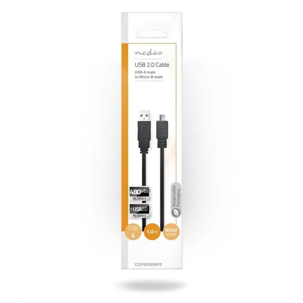 USB-kabel | USB 2.0 | USB-A Hane | USB Micro-B Hane | 480 Mbps | Nickelplaterad | 1.00 m | Platt | PVC | Svart | Kuvert