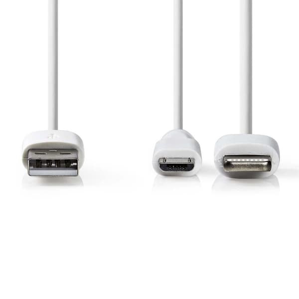 2 i 1kabel | USB 2.0 | USB-A Hane | Apple Lightning, 8-stifts / USB Micro-B Hane | 480 Mbps | 1.00 m | Nickelplaterad | Rund | PVC | Vit | Plastpåse