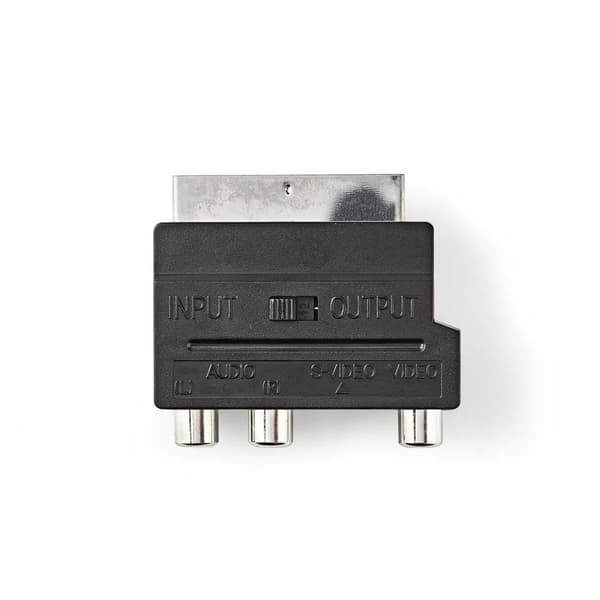 SCART-adapter | SCART Hann | S-Video Female / 3x RCA Hunn | Nikkel belagt | Kan Veksles | ABS | Sort | 1 stk. | Plastpose