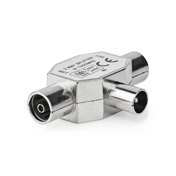 Satellit & Antenne adapter | IEC (Coax) Han | 2x Coax Hun | Nikkelplateret | 75 Ohm | T-Splitter | Metal | Sølv | 1 stk. | Konvolut