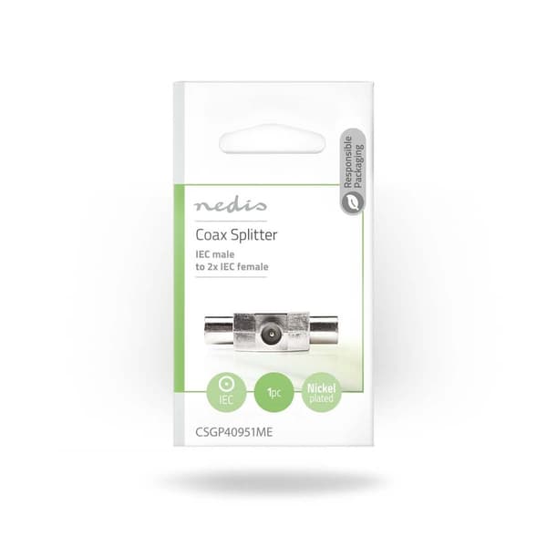 Satellit & Antenne adapter | IEC (Coax) Han | 2x Coax Hun | Nikkelplateret | 75 Ohm | T-Splitter | Metal | Sølv | 1 stk. | Konvolut