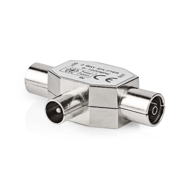 Satellit & Antenne adapter | IEC (Coax) Han | 2x Coax Hun | Nikkelplateret | 75 Ohm | T-Splitter | Metal | Sølv | 1 stk. | Konvolut