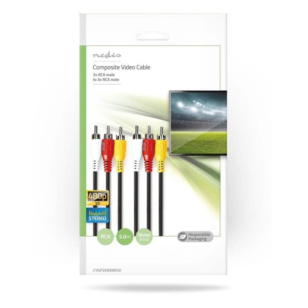 Kompositt videokabel | 3x RCA Han | 3x RCA Han | Nikkel belagt | 480p | 5.00 m | Rund | PVC | Sort | Plastpose