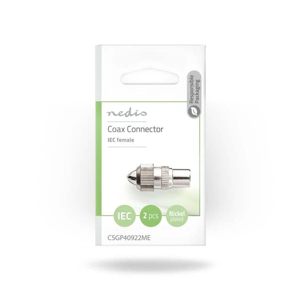 IEC (Coax) Stik | Lige | Hun | Nikkelplateret | 75 Ohm | Skru | Kabeldiameter: 7.0 mm | Metal | Sølv | 2 stk. | Konvolut
