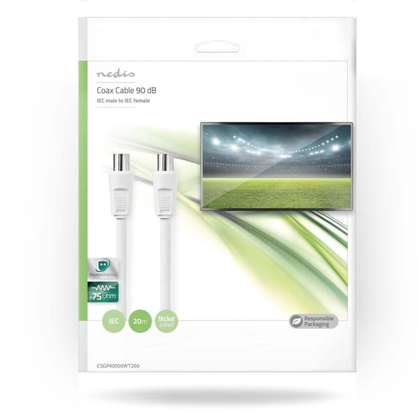 Coax Cable | IEC (Coax) Han | IEC (Coax) Hun | Nikkel belagt | 90 dB | 75 Ohm | Dobbelt skjermet | 20.0 m | Rund | PVC | Hvit | Plastpose