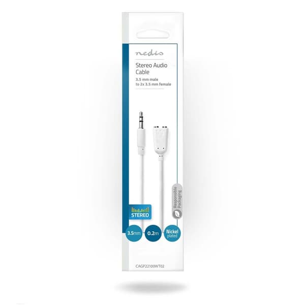 Stereo Audio kabel | 3.5 mm Hanstik | 2 x 3.5 mm Hunstik | Nikkelplateret | 0.20 m | Runde | Hvid | Konvolut