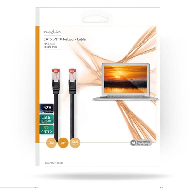 Kat 6 kabel | RJ45 Han | RJ45 Han | S/FTP | 30.0 m | Runde | LSZH | Sort | Plastikpose