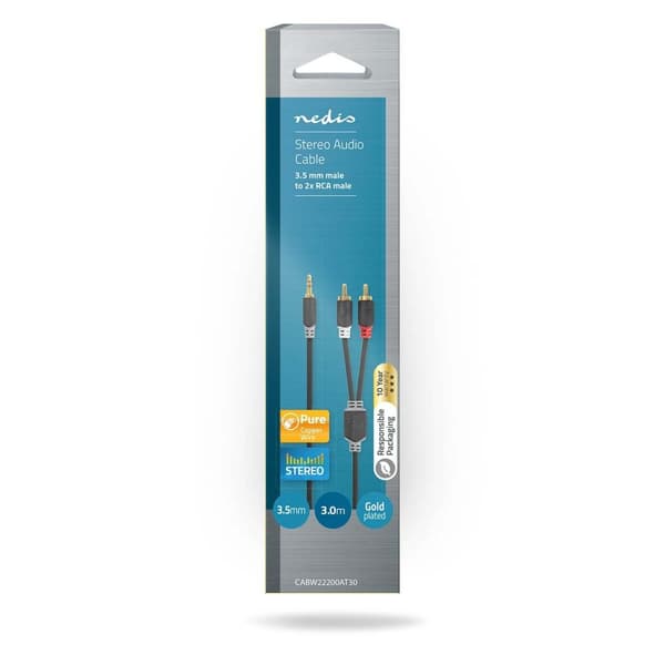 Stereo Audio kabel | 3.5 mm Hanstik | 2x RCA Hanstik | Guldplateret | 3.00 m | Runde | Antracit | Box