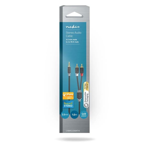 Stereo Audio kabel | 3.5 mm Hanstik | 2x RCA Hanstik | Guldplateret | 1.00 m | Runde | Antracit | Box