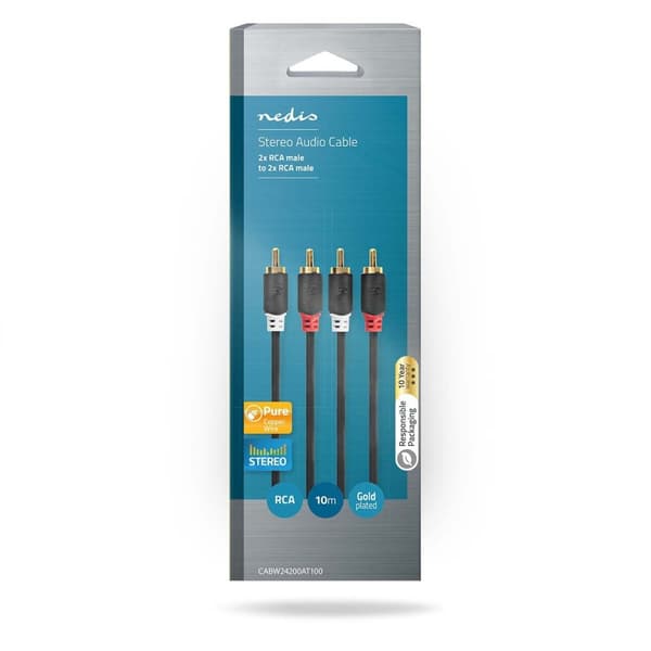 Stereo Audio kabel | 2x RCA Hanstik | 2x RCA Hanstik | Guldplateret | 10.0 m | Runde | Antracit | Box