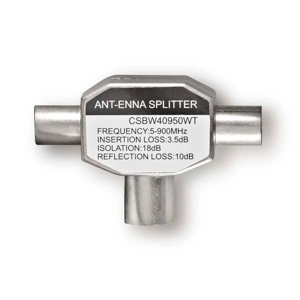 Satellite & Antenne Adapter | 2x Coax Han | IEC (Coax) Hun | Nikkel belagt | 75 Ohm | T-Splitter | Metall | Hvit | 1 stk. | Boks