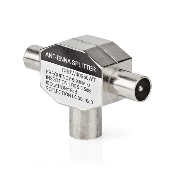 Satellite & Antenne Adapter | 2x Coax Han | IEC (Coax) Hun | Nikkel belagt | 75 Ohm | T-Splitter | Metall | Hvit | 1 stk. | Boks