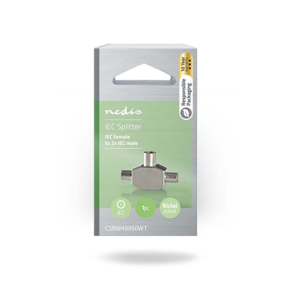 Satellite & Antenne Adapter | 2x Coax Han | IEC (Coax) Hun | Nikkel belagt | 75 Ohm | T-Splitter | Metall | Hvit | 1 stk. | Boks