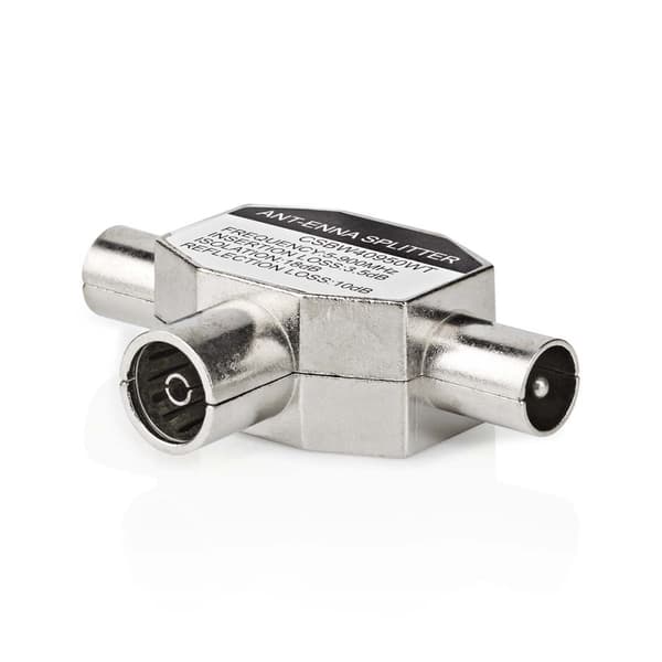Satellit & Antenne adapter | 2x Coax Han | IEC (Coax) Hun | Nikkelplateret | 75 Ohm | T-Splitter | Metal | Hvid | 1 stk. | Box