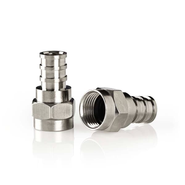 F-Connector | Rett | Hann | Nikkel belagt | 75 Ohm | Krympe | Kabeltilførselsdiameter: 7.0 mm | Kobber | Sølv | 2 stk. | Vindus boks
