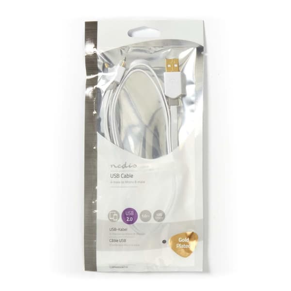 USB-kabel | USB 2.0 | USB-A Hane | USB Micro-B Hane | 480 Mbps | Guldplaterad | 1.00 m | Platt | PVC | Vit | Plastpåse