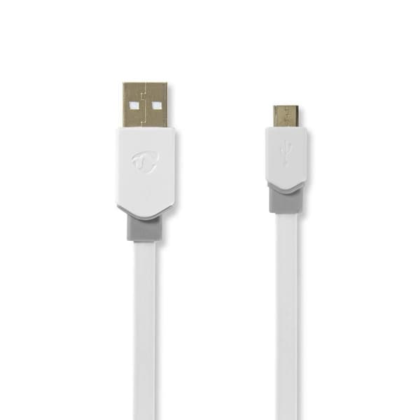 USB-kabel | USB 2.0 | USB-A Hane | USB Micro-B Hane | 480 Mbps | Guldplaterad | 1.00 m | Platt | PVC | Vit | Plastpåse