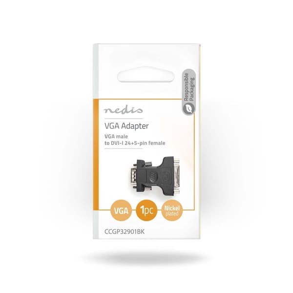 VGA-adapter | VGA Hane | DVI-I 24+5-Pin Hona | Nickelplaterad | Rak | ABS / Metall | Svart | Plastpåse