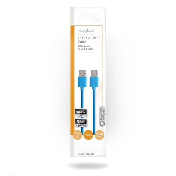 USB-kabel | USB 3.2 Gen 1 | USB-A Hane | USB-A Hane | 5 Gbps | Nickelplaterad | 1.00 m | Rund | PVC | Blå | Plastpåse