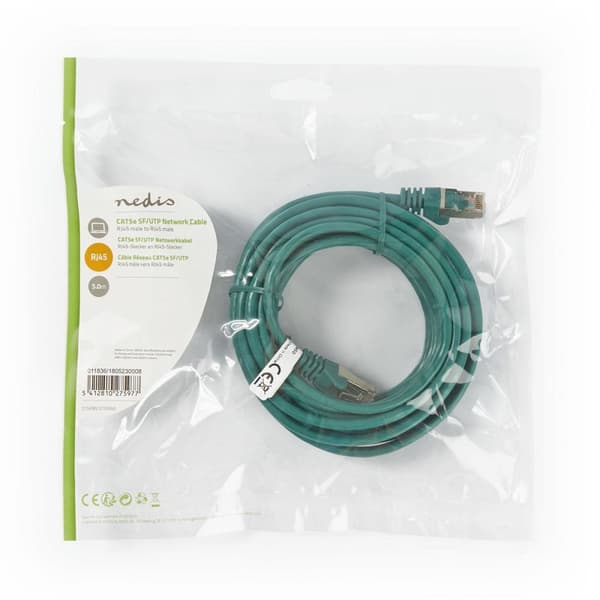 CAT5e nätverkskabel | SF/UTP | RJ45 hane | RJ45 hane | 5.00 m | Rund | PVC | Grön | Plastpåse