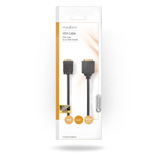 VGA-kabel | VGA Hane | 2x VGA hona | Guldplaterad | Maximal upplösning: 1280x768 | 0.20 m | Rund | ABS | Svart | Plastpåse