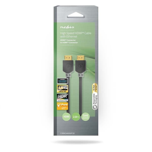 High Speed HDMI ™ kabel med Ethernet | HDMI ™ -kontakt | HDMI ™ -kontakt | 4K@60Hz | ARC | 18 Gbps | 2.00 m | Rund | PVC | Antrasitt | Boks