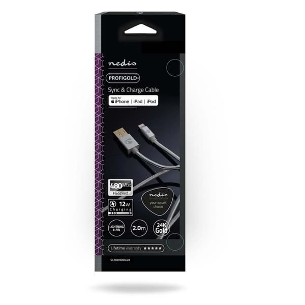 Lightning Kabel | USB 2.0 | Apple Lightning 8-Pinners | USB-A Han | 480 Mbps | Gull belagt | 2.00 m | Rund | Flettet / Nylon | Aluminium | Deksel Vind