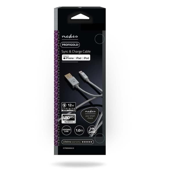 Lightning Kabel | USB 2.0 | Apple Lightning, 8-stifts | USB-A Hane | 480 Mbps | Guldplaterad | 1.00 m | Rund | Flätad / Nylon | Aluminium | Kartong me