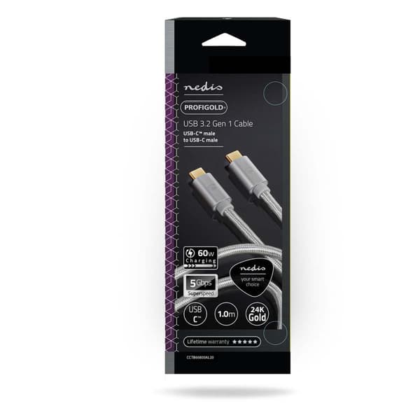 USB-kabel | USB 3.2 Gen 1 | USB-C™ Hane | USB-C™ Hane | 60 W | 4K@60Hz | 5 Gbps | Guldplaterad | 1.00 m | Rund | Flätad / Nylon | Aluminium | Kartong