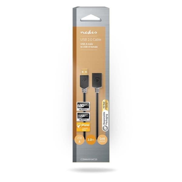 USB-kabel | USB 2.0 | USB-A Hane | USB-A Hona | 480 Mbps | Guldplaterad | 2.00 m | Rund | PVC | Antracit | Låda