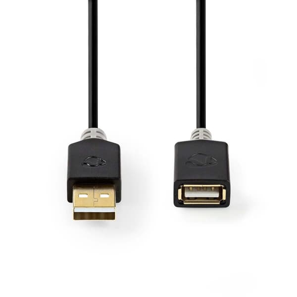 USB-kabel | USB 2.0 | USB-A Hane | USB-A Hona | 480 Mbps | Guldplaterad | 2.00 m | Rund | PVC | Antracit | Låda