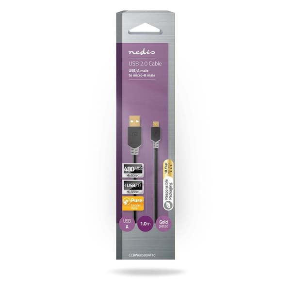 USB-kabel | USB 2.0 | USB-A Han | USB Micro-B han | 480 Mbps | Guldplateret | 1.00 m | Runde | PVC | Antracit | Box